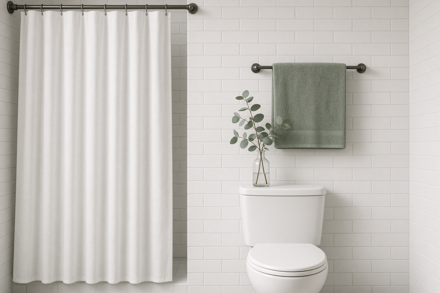 A small apartment bathroom with a tension shower rod and white curtain