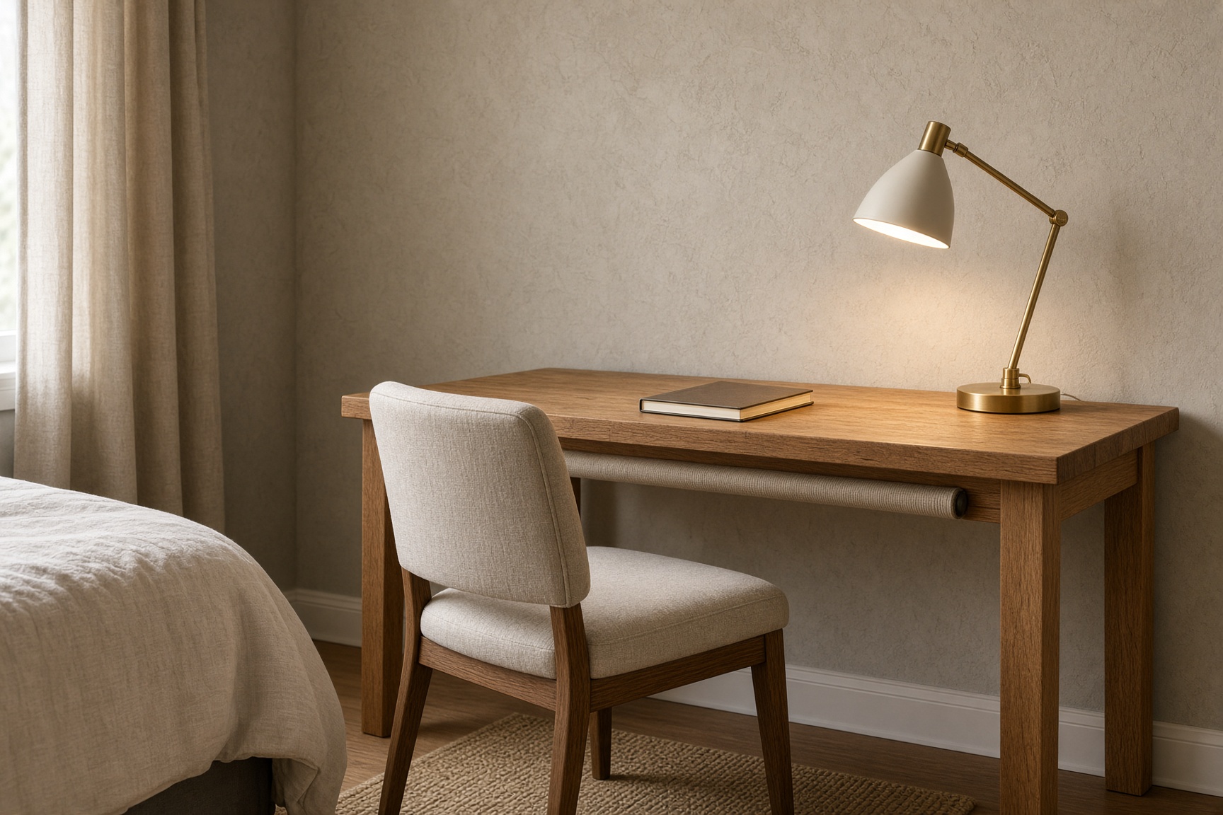 A quiet bedroom desk with a lamp and a fabric cable sleeve