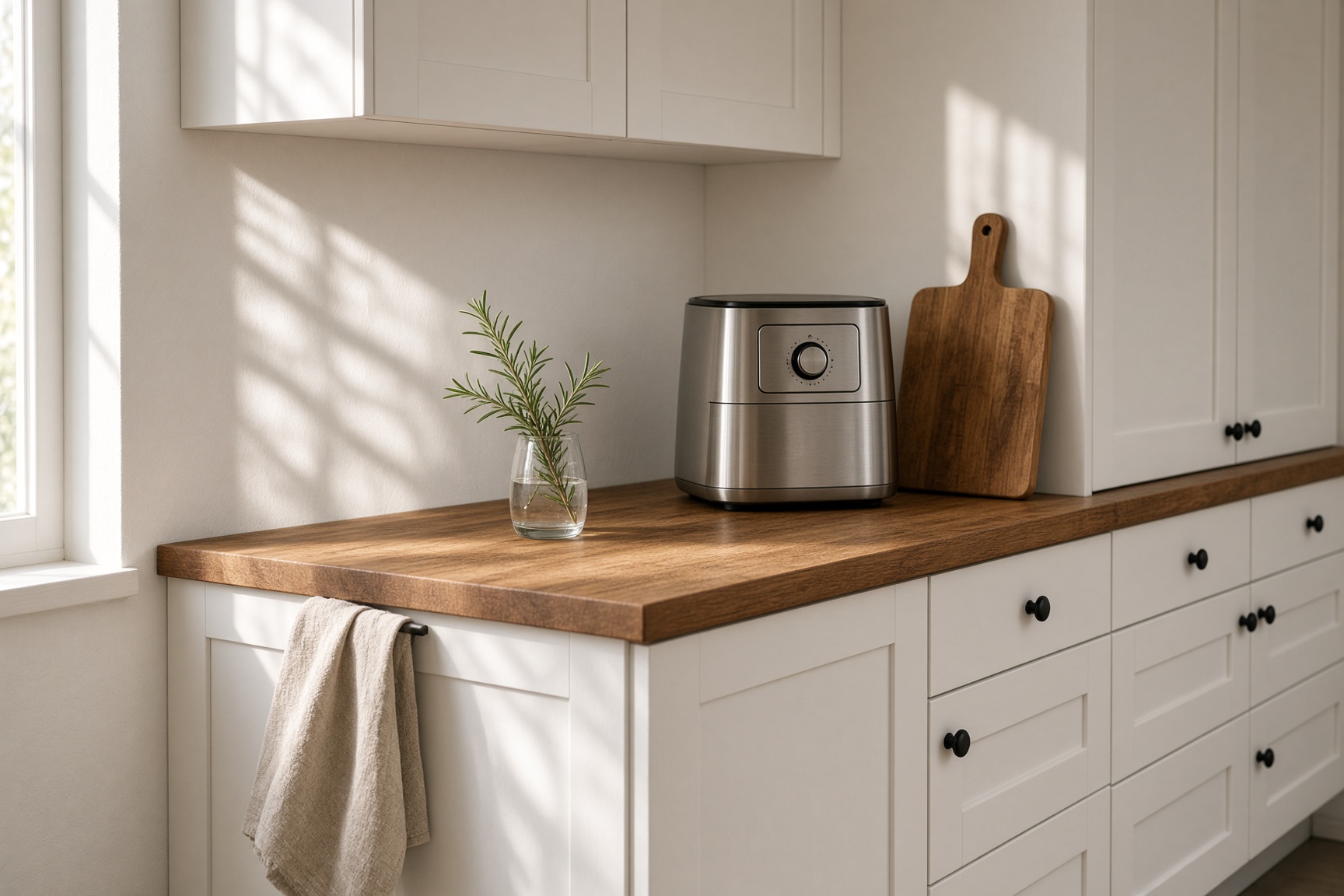 A compact rental kitchen with a short wood counter and a small countertop oven