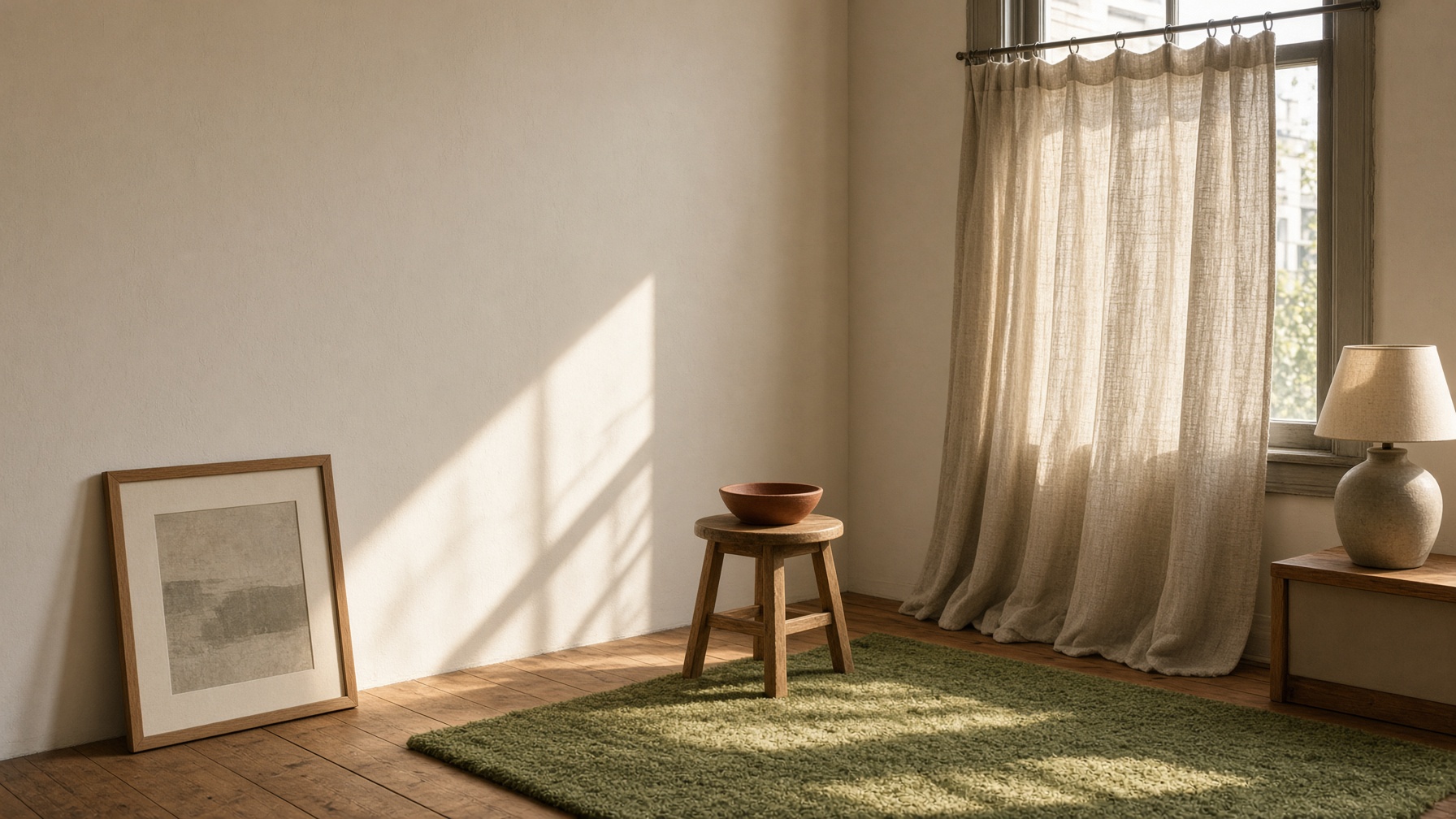 Sunlit rental living room with a linen curtain on a tension rod and a frame leaning on the floor
